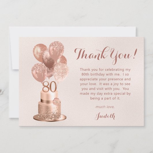 Carte De Remerciements 80e anniversaire Rose Gold Cake (Devant)