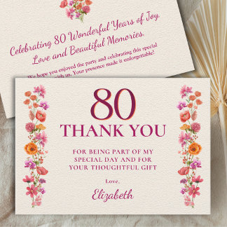 Carte De Remerciements 80th Birthday Elegant Wildflower Appreciation