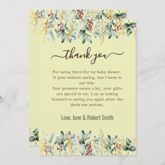 carte de remerciements à bébé à fleurs eucalyptus (Devant / Derrière)