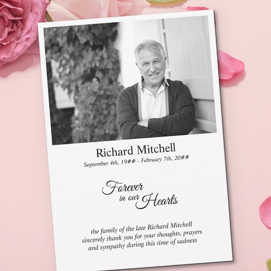 Carte De Remerciements À jamais dans nos cœurs Photo simple en noir et bl