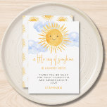 Carte De Remerciements A Little Ray of Sunshine Clouds Baby Shower<br><div class="desc">Are you planning a sun-themed baby shower? This cute sunshine baby shower thank you card features the text "A little ray of sunshine is almost here!" with a watercolor smiling yellow sun and clouds. The back is decorated with a sun pattern. Perfect for a gender-neutral baby shower. Easily customizable. Original...</div>