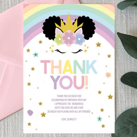 Carte De Remerciements Afro Puff Unicorn et Rainbows fête d'anniversaire