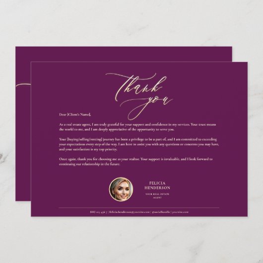 Carte De Remerciements Agent immobilier Or Grateful Appréciation (Devant / Derrière)