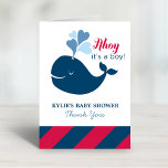 Carte De Remerciements Ahoy, c'est un Baby shower de baleines nautiques d<br><div class="desc">Baby shower à thème nautique,  carte de remerciements avec une baleine preppy avec des éclaboussures d'eau en forme de coeur,  "Ahoy,  c'est un garçon !" libellé,  texte personnalisé,  et accents de rayures. Les couleurs comprennent : bleu clair,  bleu acier,  bleu marine et rouge.</div>
