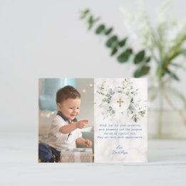Carte De Remerciements Airy Green Marble Photo Boy Gold Baptism