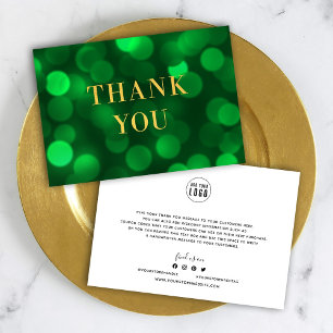 Carte De Remerciements Ajoutez votre logo Emerald Green Bokeh Lights Faux