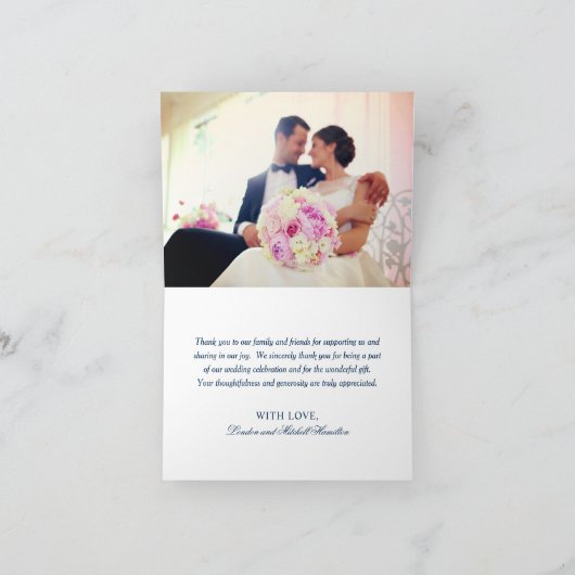 Carte De Remerciements Amour et Remerciements Photo de mariage bleu marin (Intérieur)