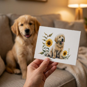 Carte De Remerciements Amoureux de chiots Golden Retriever Tournesol Merc