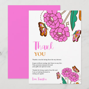 Carte De Remerciements Amoureux de papillons rose floral script Mariage