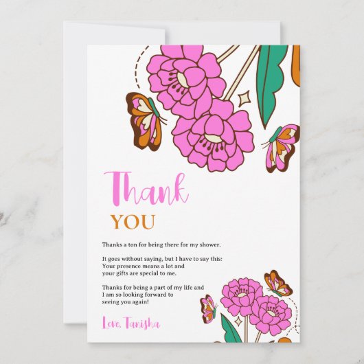 Carte De Remerciements Amoureux Papillons Rose Floral Script Mariage (Devant)