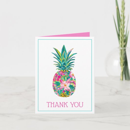 Carte De Remerciements Ananas tropical rose et vert (Devant)