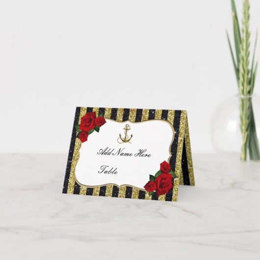 Carte De Remerciements Ancre nautique Gold Black Stripe Table Place Card (Devant)