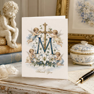Carte De Remerciements Anges Chérubins de la Croix de Marie Fleurs Bleues