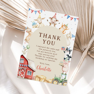 Carte De Remerciements Animaux de Ferme Roses Mignons 1er Anniversaire