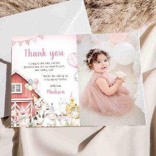 Carte De Remerciements Animaux de Ferme Roses Mignons Photo d'anniversair