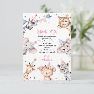 Carte De Remerciements Animaux de fête mignonne safari fille anniversaire