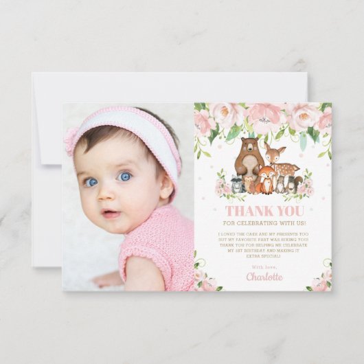 Carte De Remerciements Animaux de la forêt Fleur rose Fille 1er anniversa (Devant)