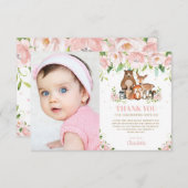 Carte De Remerciements Animaux de la forêt Fleur rose Fille 1er anniversa (Devant / Derrière)