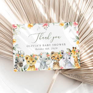 Carte De Remerciements Animaux de la jungle, Safari, Fleurs, Baby shower