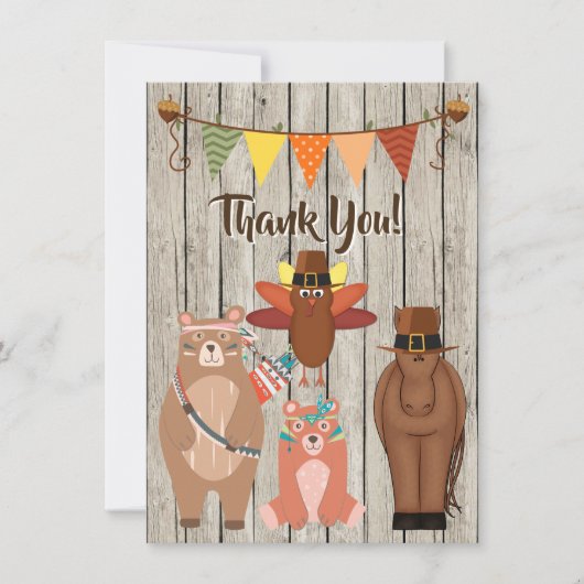 Carte De Remerciements Animaux mignons, Pèlerins Indiens Thanksgiving Fla (Devant)