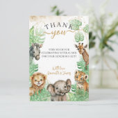 Carte De Remerciements Animaux Safari Baby shower de verdure tropicale (Debout devant)