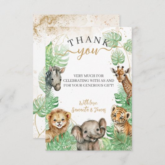 Carte De Remerciements Animaux Safari Baby shower de verdure tropicale (Devant / Derrière)