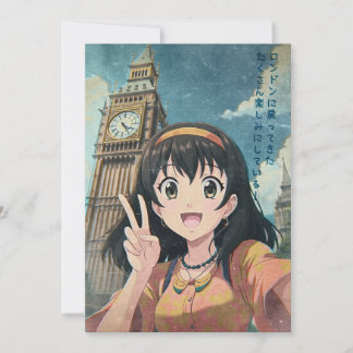 Carte De Remerciements Anime Girl with Big Ben, London - Retro Kawaii Art