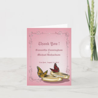 Carte De Remerciements Anneaux de Mariage & Papillons de Couple Rose Merc