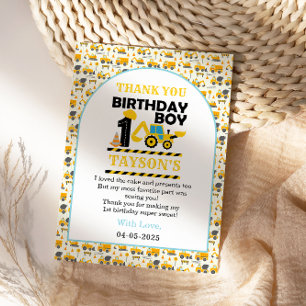 Carte De Remerciements Anniversaire Camion de Chantier 1 an Fête Enfant