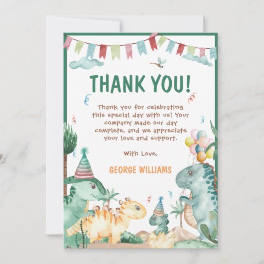 Carte De Remerciements Anniversaire de dinosaure mignon (Devant)