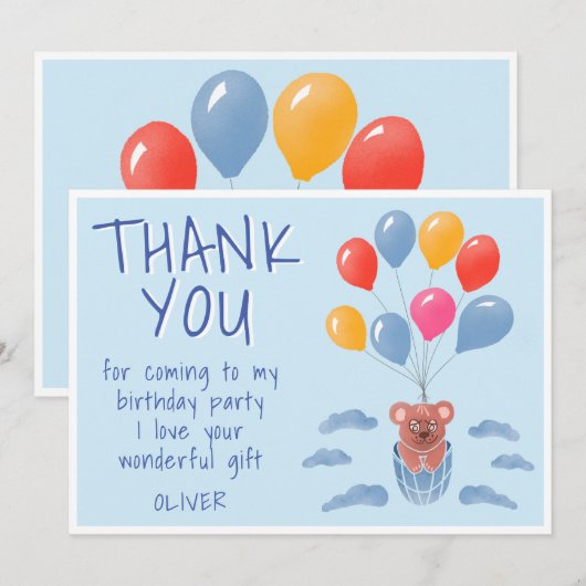 Carte De Remerciements Anniversaire de enfant mignon Ours Teddy (Devant / Derrière)