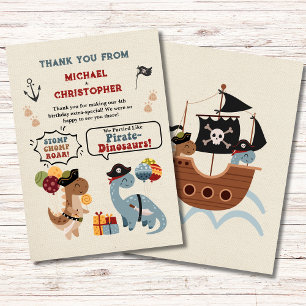 Carte De Remerciements Anniversaire de jumeaux garçon pirate dinosaure qu