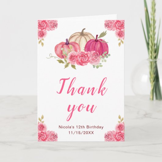 Carte De Remerciements Anniversaire des Citrouilles de fleurs roses chaud (Devant)