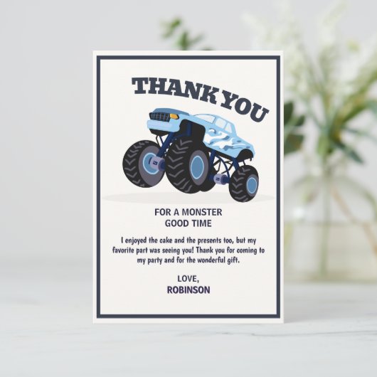 Carte De Remerciements Anniversaire du camion monstre bleu moderne Smash  (Debout devant)