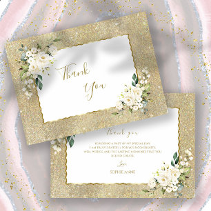 Carte De Remerciements Anniversaire Femme Fleurs Blanches Paillettes Or É