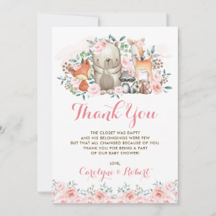 Carte De Remerciements Anniversaire floral rose de baby shower d'animaux