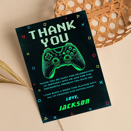 Carte De Remerciements Anniversaire Jeu Vidéo Arcade Vert Néon