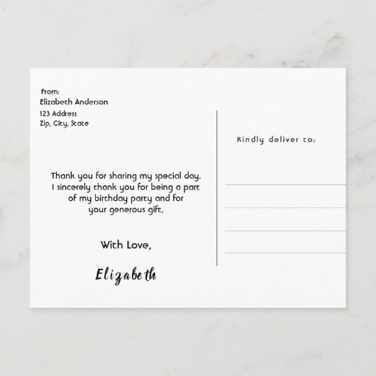 Carte de remerciements anniversaire noir or arc (Dos)