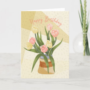Carte De Remerciements Anniversaire Pastel Pink et Tulips Jaunes sur un R