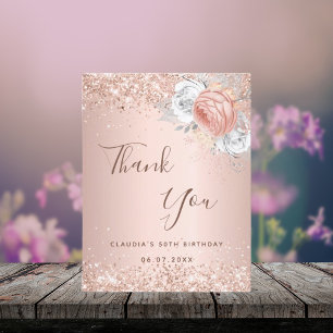 Carte De Remerciements Anniversaire rose or rousse floral brillant