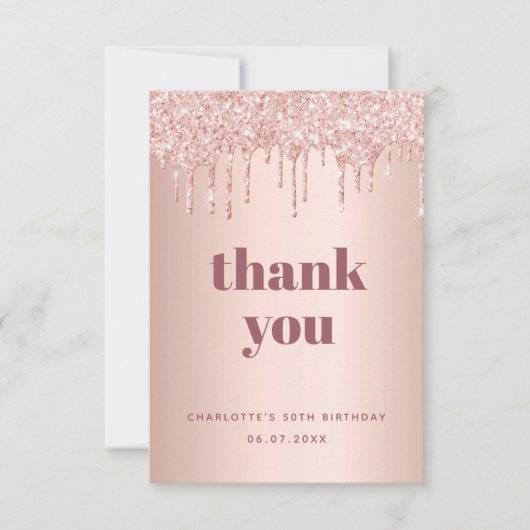 Carte De Remerciements Anniversaire rose parties scintillant or gouttes g (Devant)