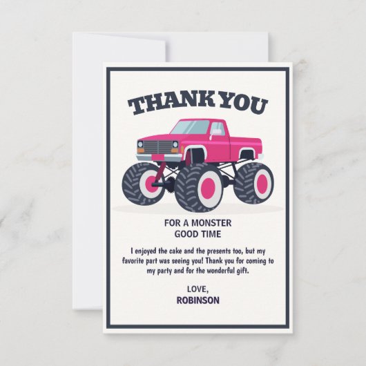 Carte De Remerciements Anniversaire Smash Crash- Monster Truck Rose Moder (Devant)