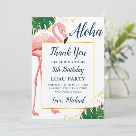 Carte De Remerciements Anniversaire Tropical Bleu Or Flamingo Aloha (Debout devant)