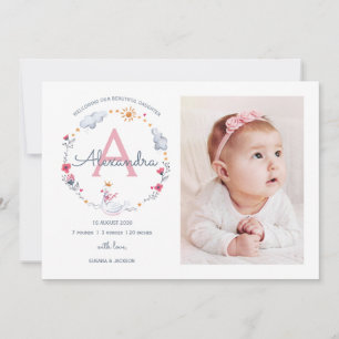 Carte De Remerciements Annonce de naissance monogramme princesse cygne