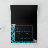 Carte De Remerciements Aqua Blue & Black Damask Gem Étincelle (Intérieur)