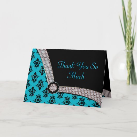 Carte De Remerciements Aqua Blue & Black Damask Gem Étincelle (Devant)