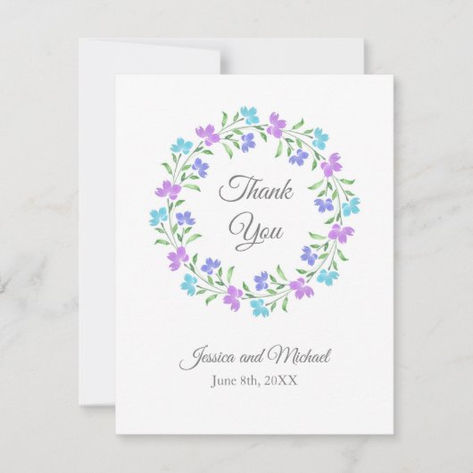 Carte De Remerciements Aqua, Périwinkel, Aquarelle violette, Courbe Flora (Devant)