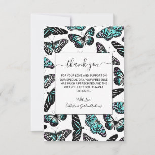 Carte De Remerciements Aqua Turquoise Papillons noirs Motif aquarelle