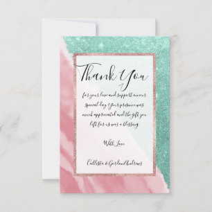 Carte De Remerciements Aqua Turquoise Rose Parties scintillant Watercolor