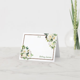 Carte De Remerciements Aquarelle blanche Coins floraux Nom Monogramme